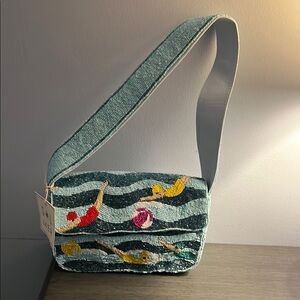 Stylish Blue Wave Pattern Women's Beaded Bag